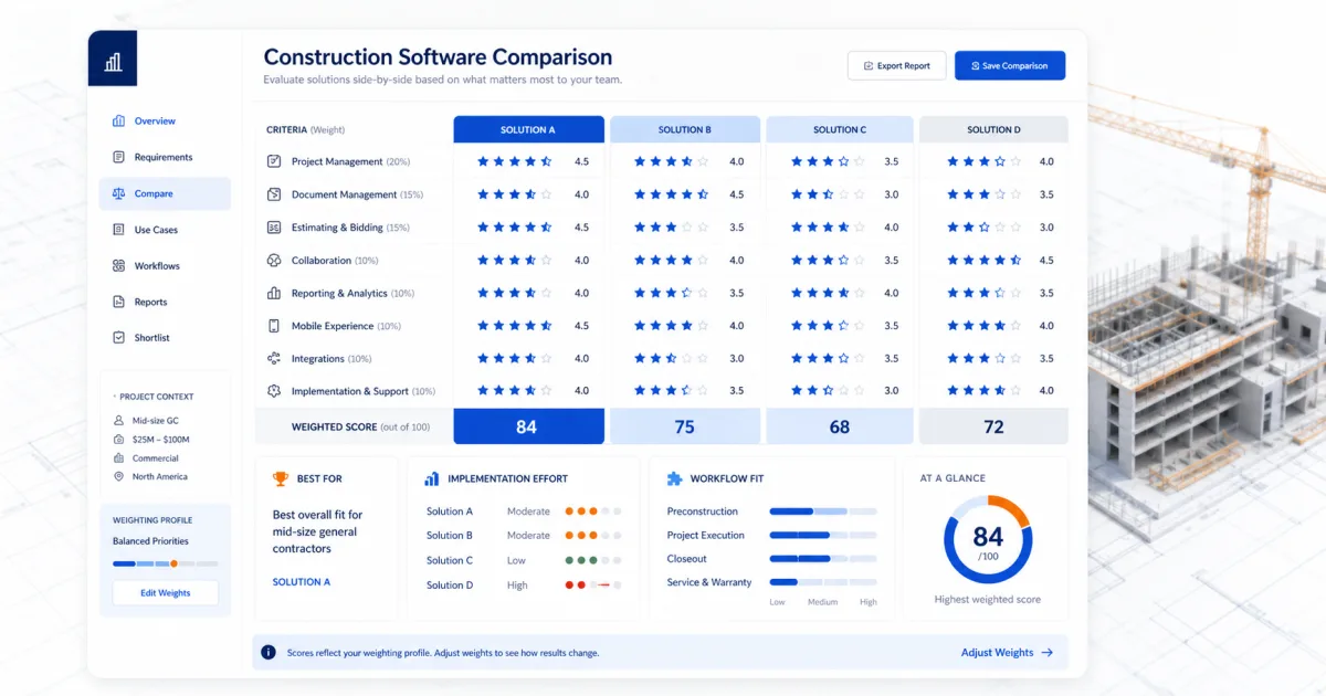 Construction software decision matrix comparing workflow fit, implementation effort, and contractor requirements