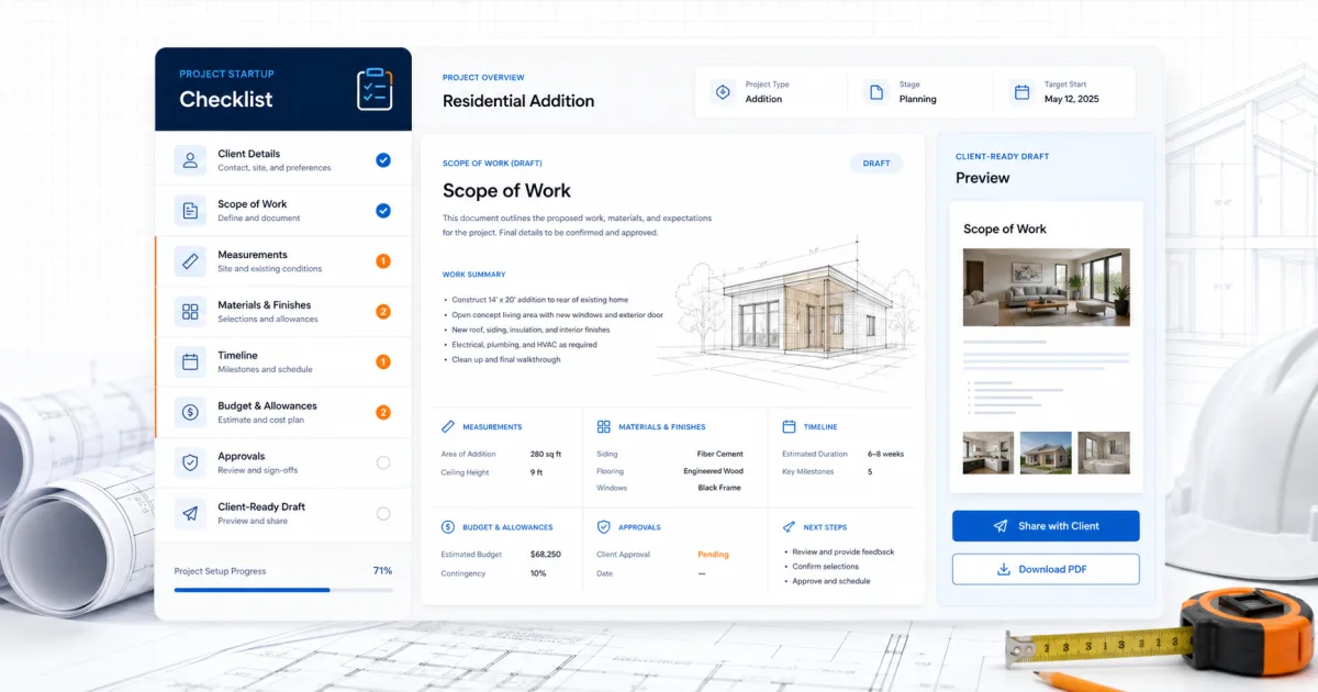Contractor project startup checklist and client-ready construction scope draft workspace